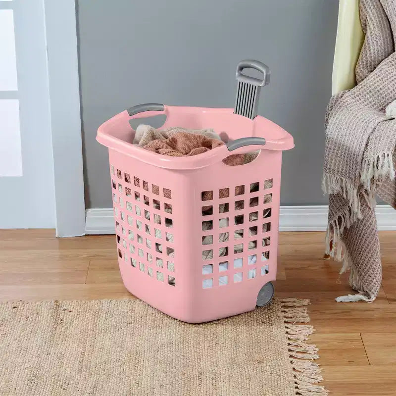 Cesta portabiancheria con ruote Ultra, 60 litri con manici, rosa, confezione da 4