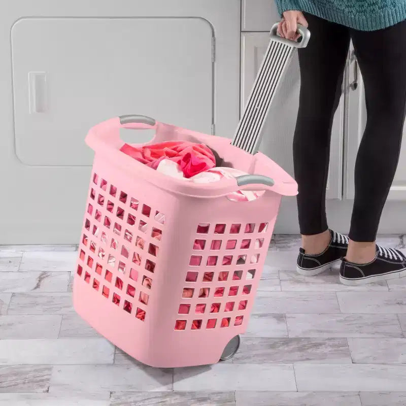 Cesta portabiancheria con ruote Ultra, 60 litri con manici, rosa, confezione da 4