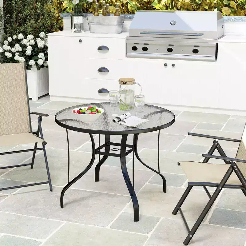 Tavolo da patio rotondo da 38 pollici con foro per ombrellone, tavolo da pranzo da esterno in vetro temperato