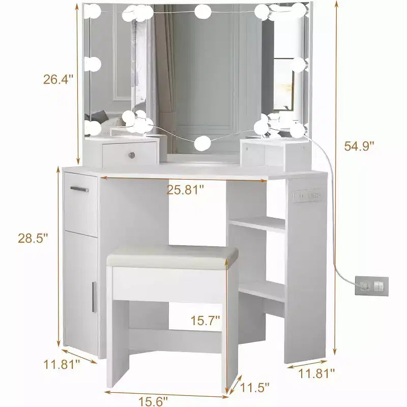 Mobile Trucco ad Angolo con Tavolo da Toeletta e Sgabello, 12 Lampadine, Specchio a Tre Ante e Presa di Corrente, Bianco