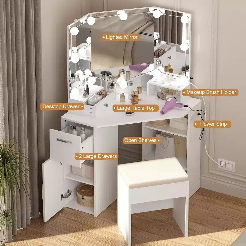 Mobile Trucco ad Angolo con Tavolo da Toeletta e Sgabello, 12 Lampadine, Specchio a Tre Ante e Presa di Corrente, Bianco