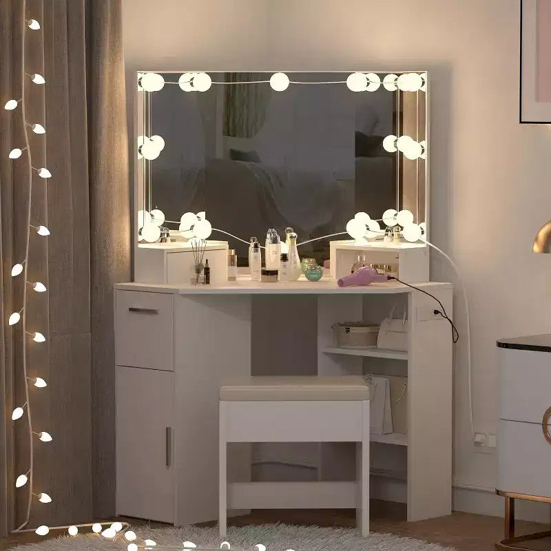 Mobile Trucco ad Angolo con Tavolo da Toeletta e Sgabello, 12 Lampadine, Specchio a Tre Ante e Presa di Corrente, Bianco