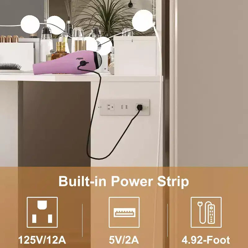 Mobile Trucco ad Angolo con Tavolo da Toeletta e Sgabello, 12 Lampadine, Specchio a Tre Ante e Presa di Corrente, Bianco