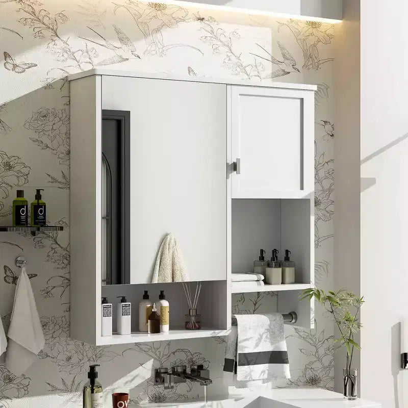 Armadietto dei medicinali da 40" con specchio, mobiletto da bagno con anta a specchio e ripiani in vetro, bianco