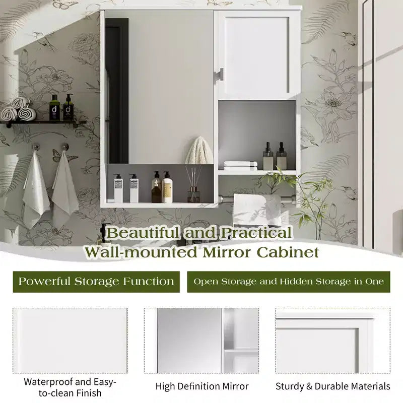 Armadietto dei medicinali da 40" con specchio, mobiletto da bagno con anta a specchio e ripiani in vetro, bianco