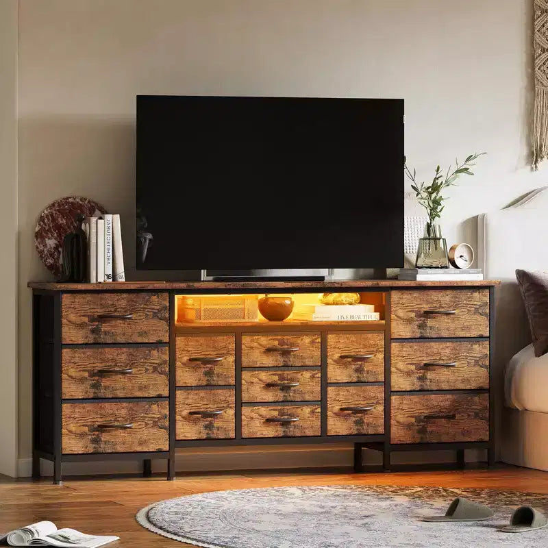 Mobile TV credenza da 70 pollici di lunghezza per TV da 65, 75, 80 pollici, cassettiera ampia con 13 cassetti in tessuto