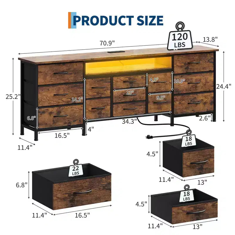 Mobile TV credenza da 70 pollici di lunghezza per TV da 65, 75, 80 pollici, cassettiera ampia con 13 cassetti in tessuto