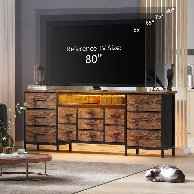 Mobile TV credenza da 70 pollici di lunghezza per TV da 65, 75, 80 pollici, cassettiera ampia con 13 cassetti in tessuto