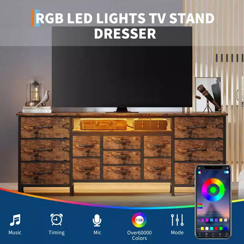 Mobile TV credenza da 70 pollici di lunghezza per TV da 65, 75, 80 pollici, cassettiera ampia con 13 cassetti in tessuto