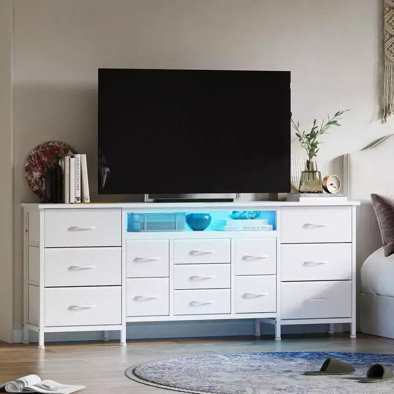 Mobile TV credenza da 70 pollici di lunghezza per TV da 65, 75, 80 pollici, cassettiera ampia con 13 cassetti in tessuto