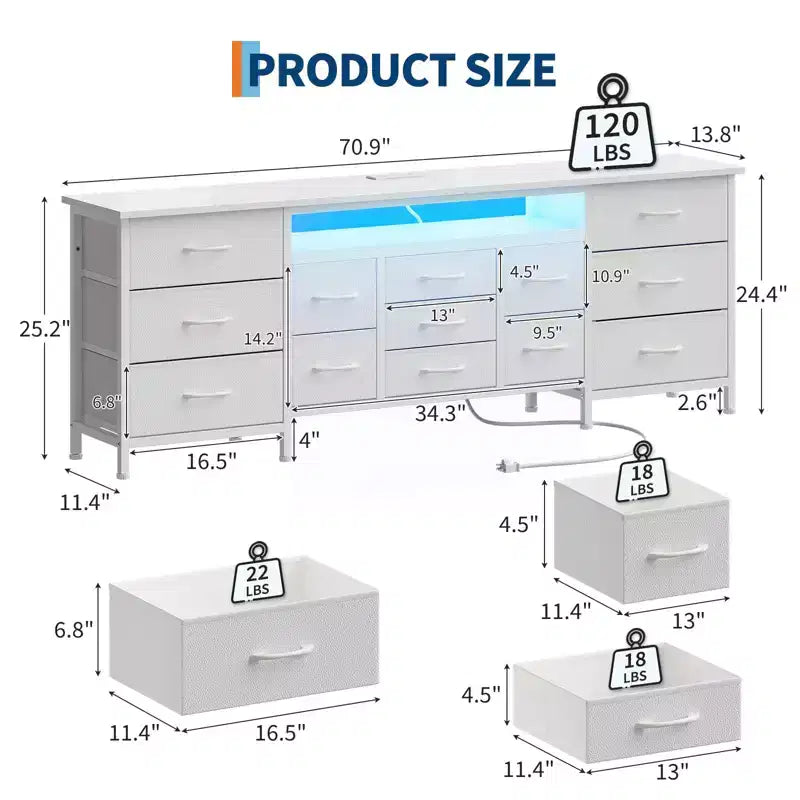 Mobile TV credenza da 70 pollici di lunghezza per TV da 65, 75, 80 pollici, cassettiera ampia con 13 cassetti in tessuto