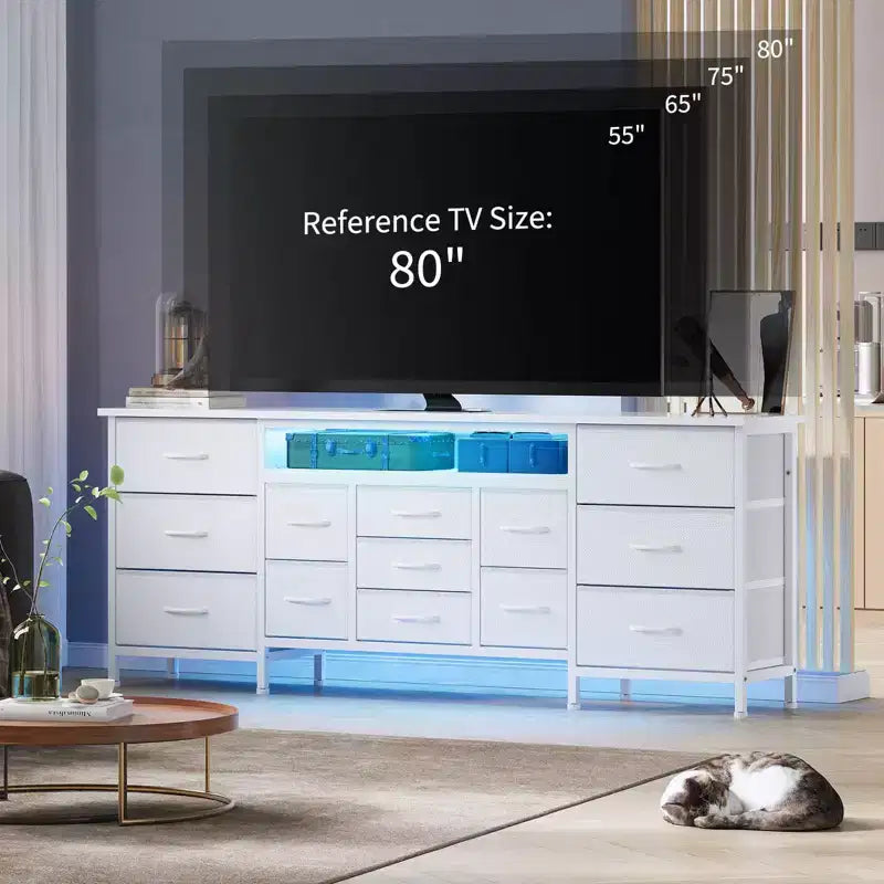 Mobile TV credenza da 70 pollici di lunghezza per TV da 65, 75, 80 pollici, cassettiera ampia con 13 cassetti in tessuto