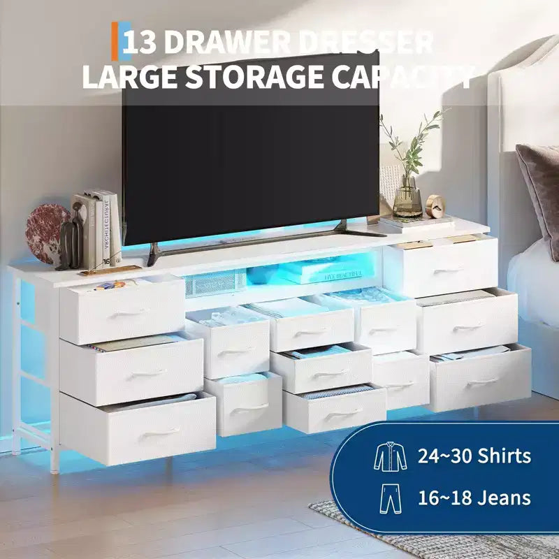 Mobile TV credenza da 70 pollici di lunghezza per TV da 65, 75, 80 pollici, cassettiera ampia con 13 cassetti in tessuto