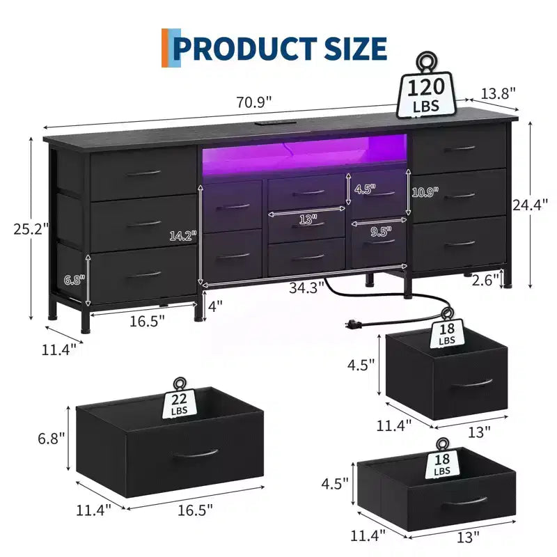 Mobile TV credenza da 70 pollici di lunghezza per TV da 65, 75, 80 pollici, cassettiera ampia con 13 cassetti in tessuto