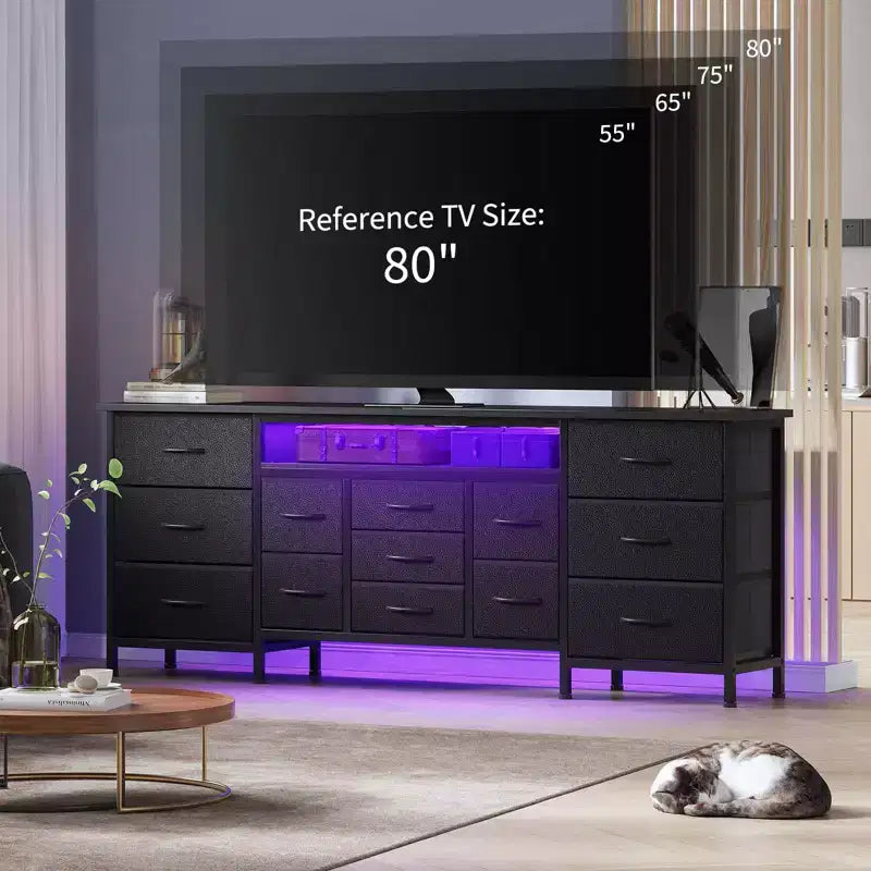 Mobile TV credenza da 70 pollici di lunghezza per TV da 65, 75, 80 pollici, cassettiera ampia con 13 cassetti in tessuto