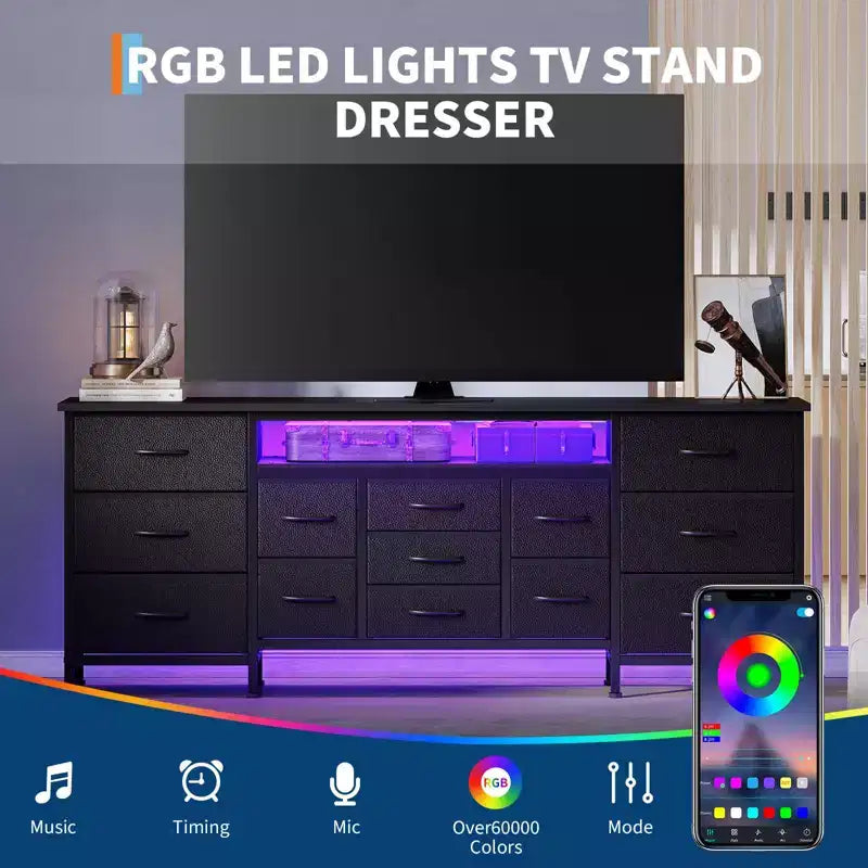 Mobile TV credenza da 70 pollici di lunghezza per TV da 65, 75, 80 pollici, cassettiera ampia con 13 cassetti in tessuto