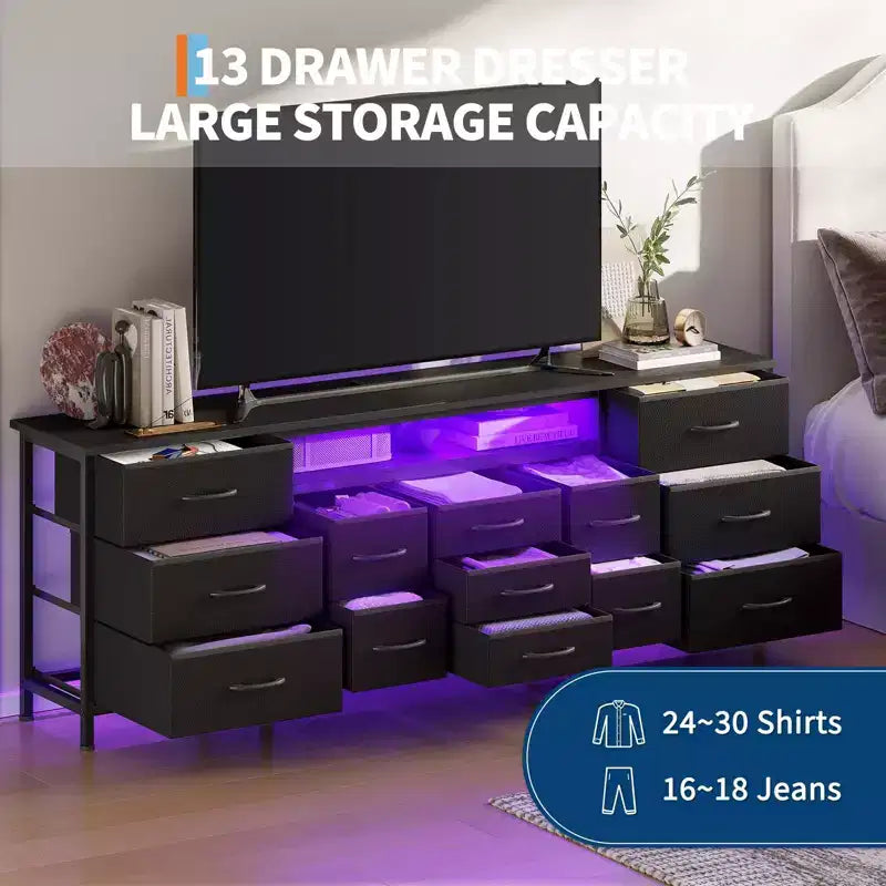 Mobile TV credenza da 70 pollici di lunghezza per TV da 65, 75, 80 pollici, cassettiera ampia con 13 cassetti in tessuto