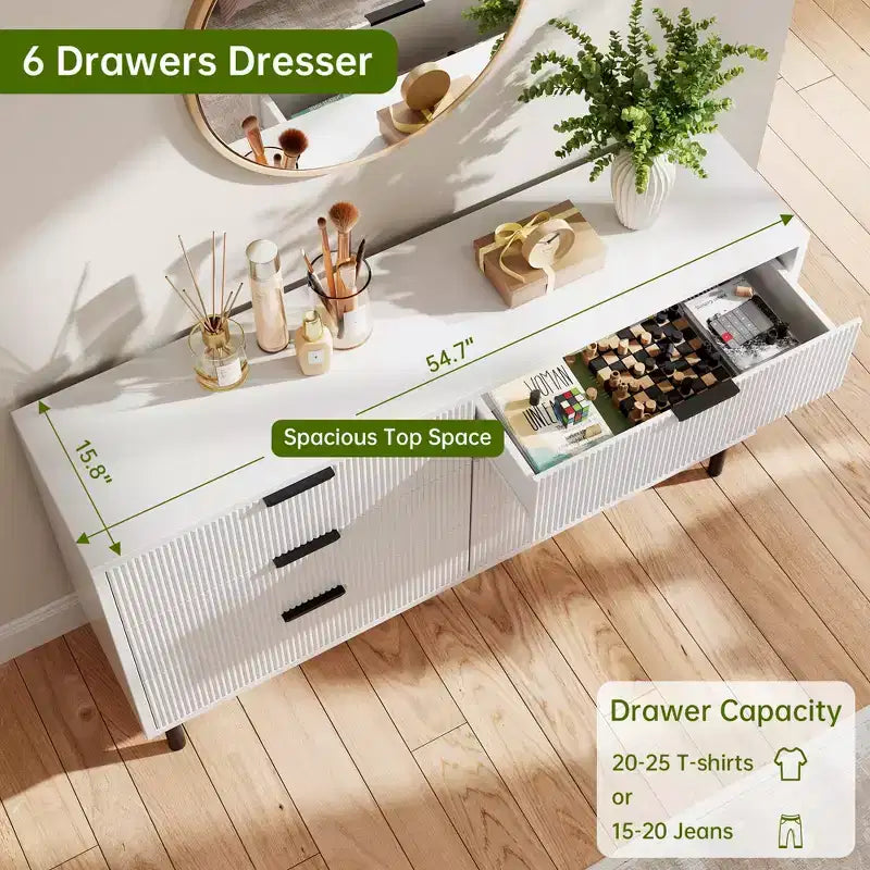 Cassettiera doppia a 6 cassetti scanalati con gambe e maniglie in metallo | Ampio comò moderno in legno, design antiribaltamento per camera da letto, soggiorno e corridoio