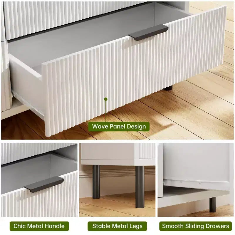 Cassettiera doppia a 6 cassetti scanalati con gambe e maniglie in metallo | Ampio comò moderno in legno, design antiribaltamento per camera da letto, soggiorno e corridoio