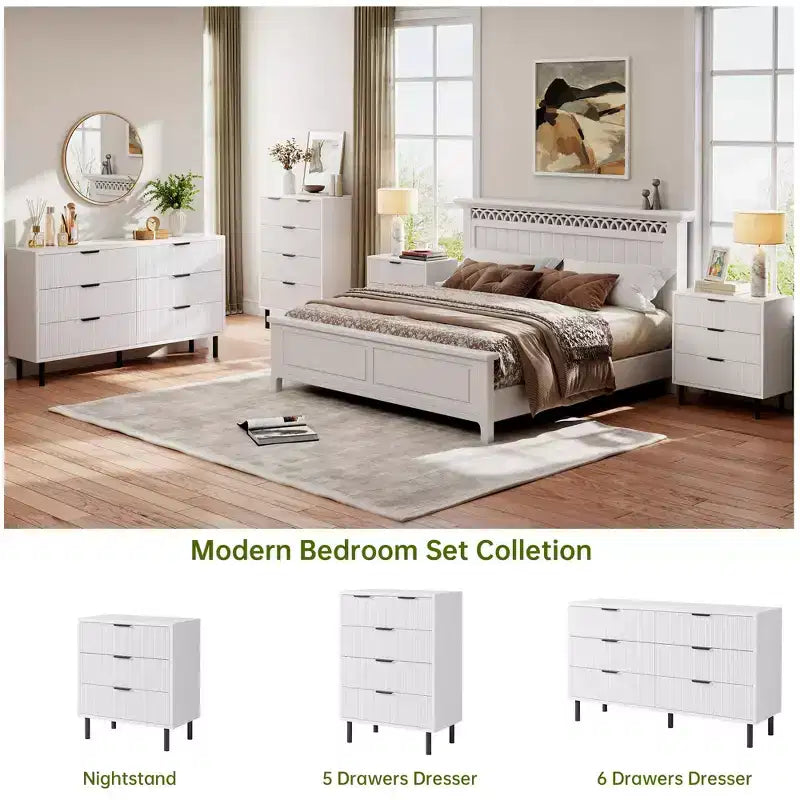 Cassettiera doppia a 6 cassetti scanalati con gambe e maniglie in metallo | Ampio comò moderno in legno, design antiribaltamento per camera da letto, soggiorno e corridoio