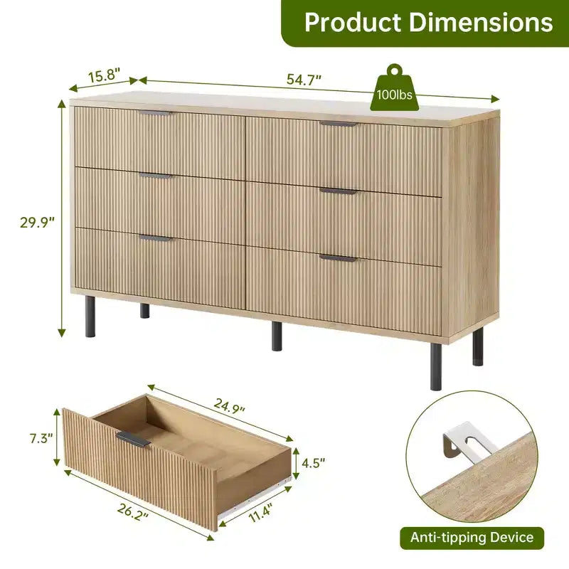 Cassettiera doppia a 6 cassetti scanalati con gambe e maniglie in metallo | Ampio comò moderno in legno, design antiribaltamento per camera da letto, soggiorno e corridoio