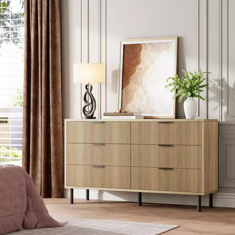 Cassettiera doppia a 6 cassetti scanalati con gambe e maniglie in metallo | Ampio comò moderno in legno, design antiribaltamento per camera da letto, soggiorno e corridoio