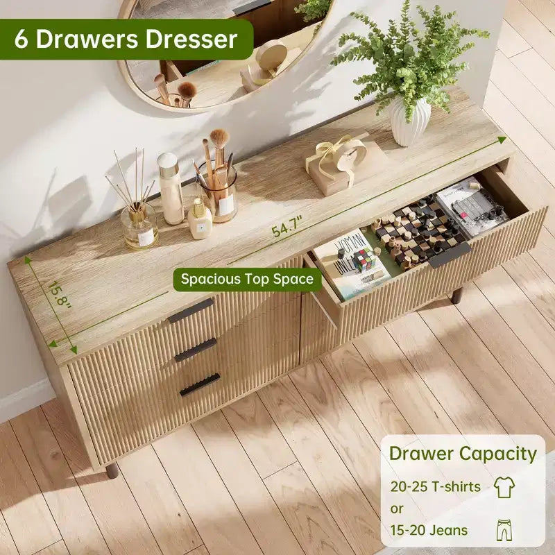Cassettiera doppia a 6 cassetti scanalati con gambe e maniglie in metallo | Ampio comò moderno in legno, design antiribaltamento per camera da letto, soggiorno e corridoio