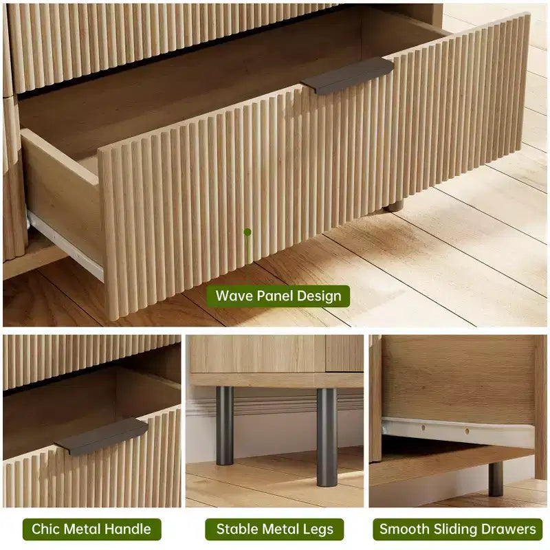 Cassettiera doppia a 6 cassetti scanalati con gambe e maniglie in metallo | Ampio comò moderno in legno, design antiribaltamento per camera da letto, soggiorno e corridoio