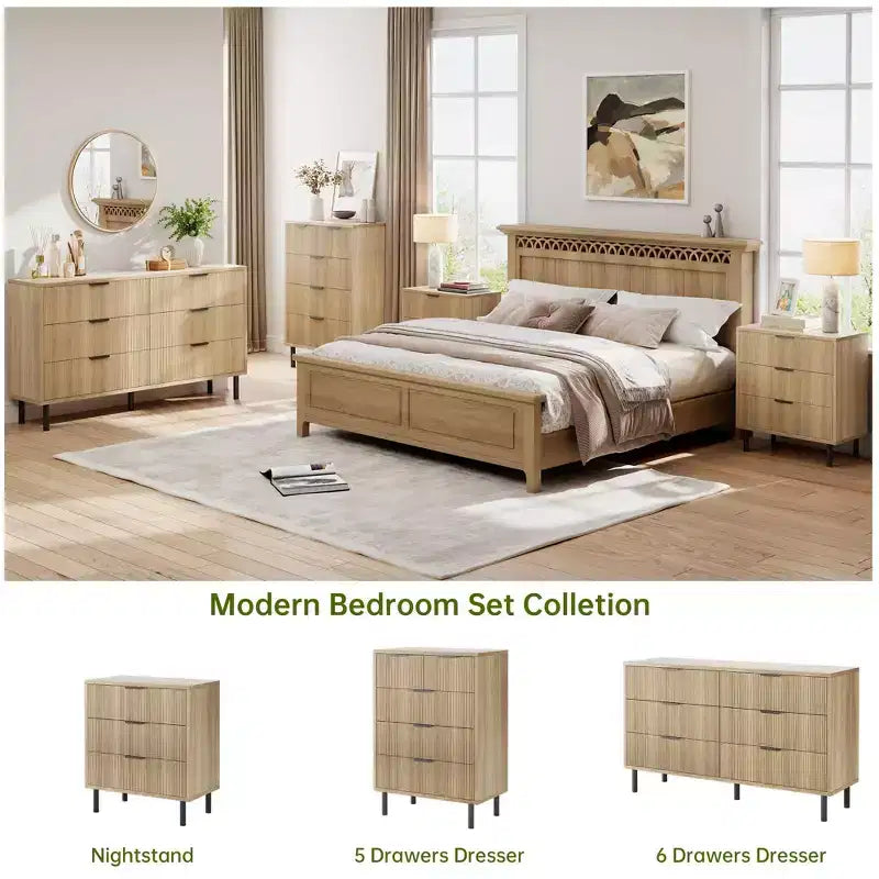 Cassettiera doppia a 6 cassetti scanalati con gambe e maniglie in metallo | Ampio comò moderno in legno, design antiribaltamento per camera da letto, soggiorno e corridoio