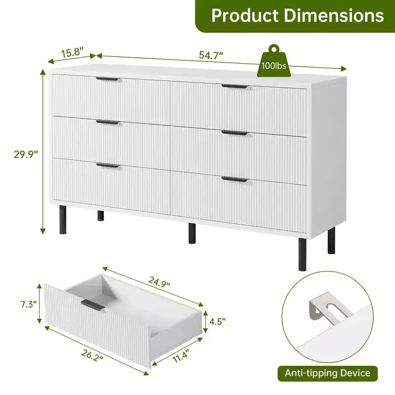 Cassettiera doppia a 6 cassetti scanalati con gambe e maniglie in metallo | Ampio comò moderno in legno, design antiribaltamento per camera da letto, soggiorno e corridoio