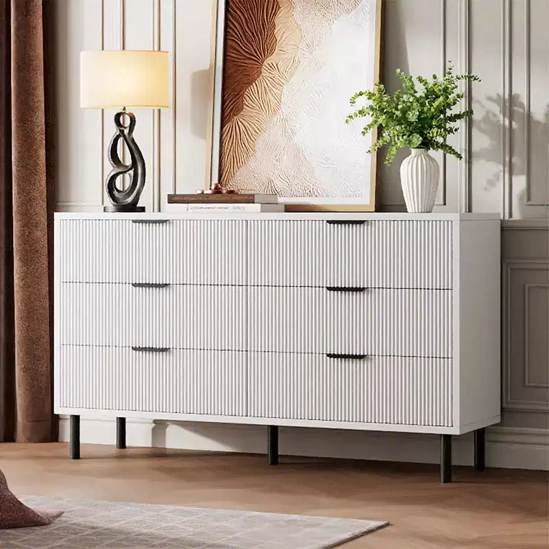 Cassettiera doppia a 6 cassetti scanalati con gambe e maniglie in metallo | Ampio comò moderno in legno, design antiribaltamento per camera da letto, soggiorno e corridoio