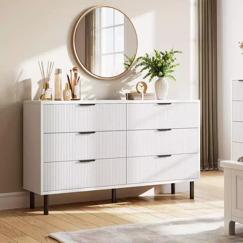 Cassettiera doppia a 6 cassetti scanalati con gambe e maniglie in metallo | Ampio comò moderno in legno, design antiribaltamento per camera da letto, soggiorno e corridoio
