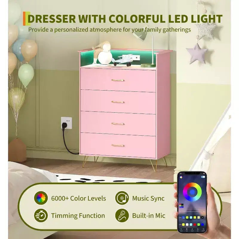 Cassettiera Smart a 4 Cassetti in Legno con Luci LED e Stazione di Ricarica | Armadio Contenitore Controllato da App con Prese USB/AC per Camera da Letto, Soggiorno