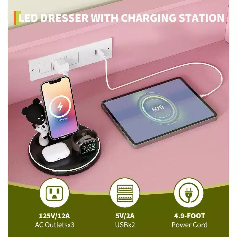 Cassettiera Smart a 4 Cassetti in Legno con Luci LED e Stazione di Ricarica | Armadio Contenitore Controllato da App con Prese USB/AC per Camera da Letto, Soggiorno