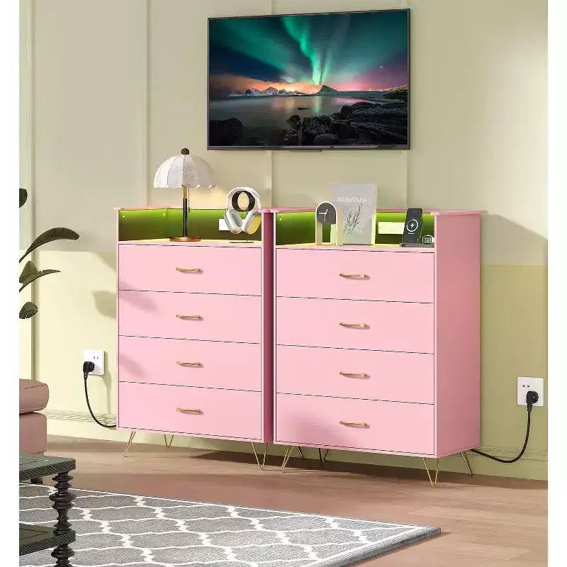 Cassettiera Smart a 4 Cassetti in Legno con Luci LED e Stazione di Ricarica | Armadio Contenitore Controllato da App con Prese USB/AC per Camera da Letto, Soggiorno