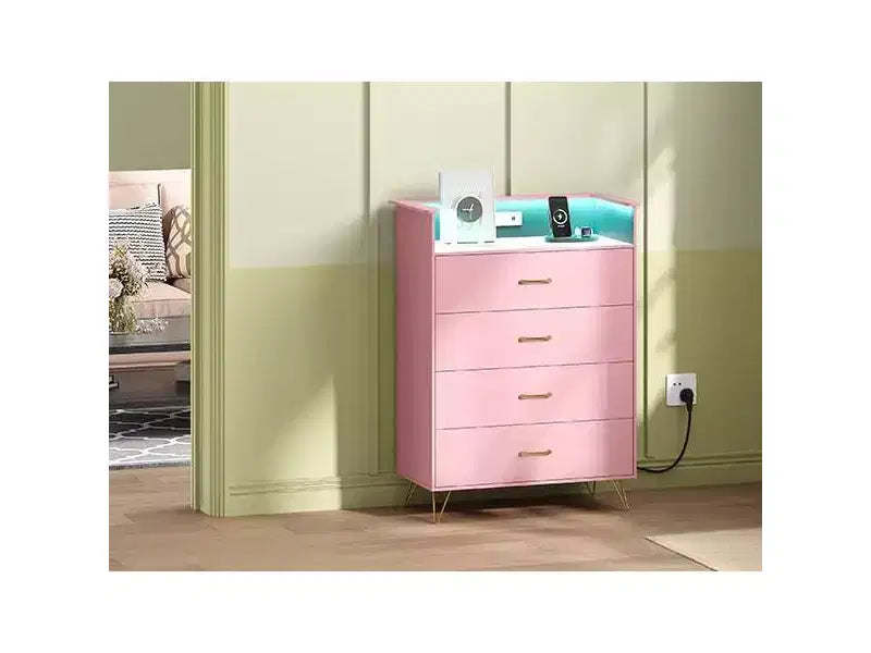 Cassettiera Smart a 4 Cassetti in Legno con Luci LED e Stazione di Ricarica | Armadio Contenitore Controllato da App con Prese USB/AC per Camera da Letto, Soggiorno