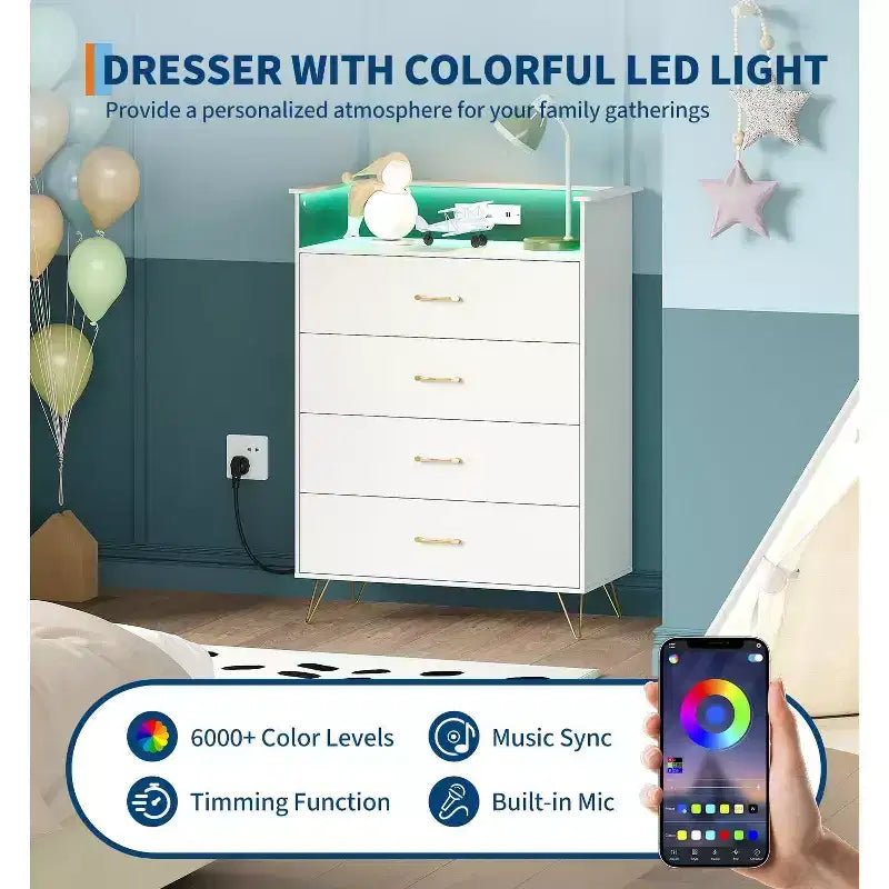 Cassettiera Smart a 4 Cassetti in Legno con Luci LED e Stazione di Ricarica | Armadio Contenitore Controllato da App con Prese USB/AC per Camera da Letto, Soggiorno