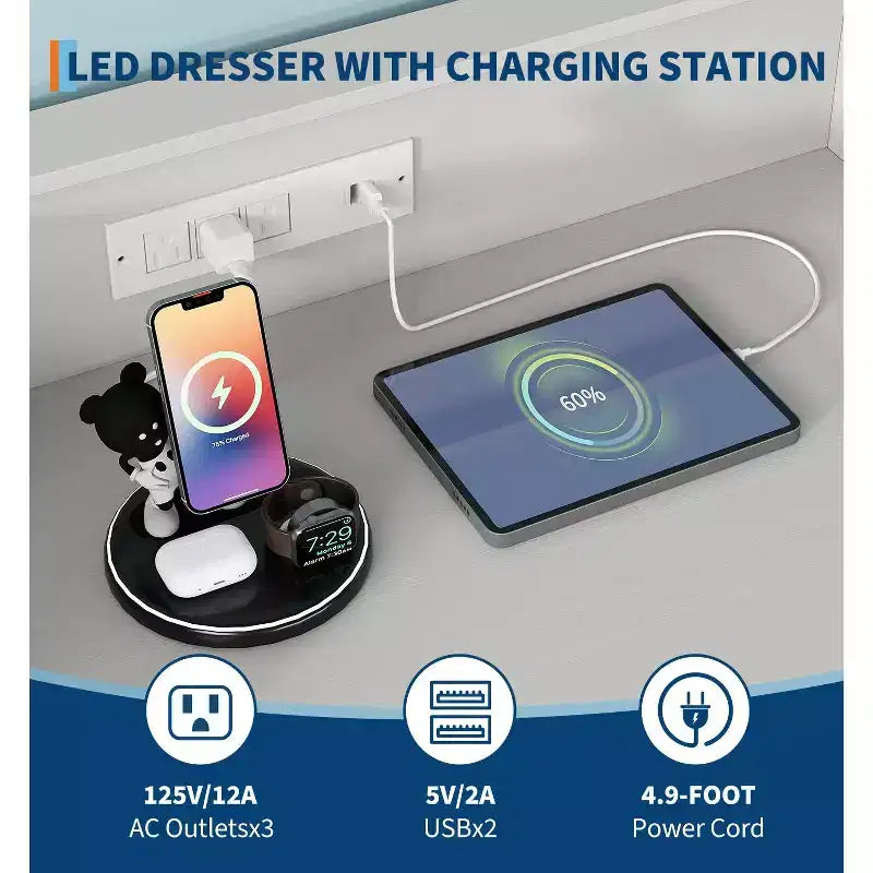 Cassettiera Smart a 4 Cassetti in Legno con Luci LED e Stazione di Ricarica | Armadio Contenitore Controllato da App con Prese USB/AC per Camera da Letto, Soggiorno