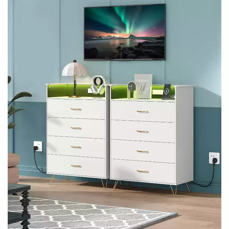Cassettiera Smart a 4 Cassetti in Legno con Luci LED e Stazione di Ricarica | Armadio Contenitore Controllato da App con Prese USB/AC per Camera da Letto, Soggiorno