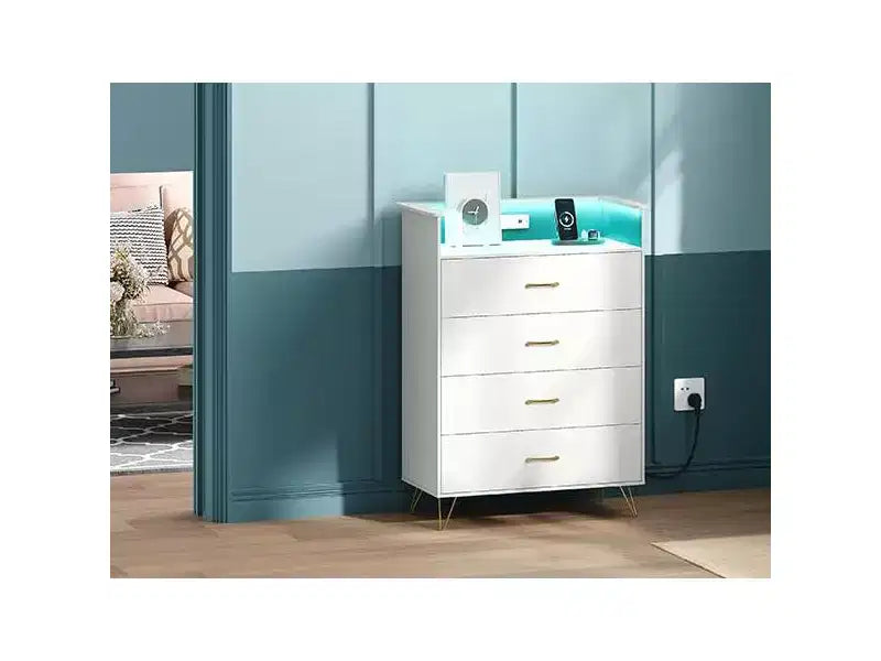 Cassettiera Smart a 4 Cassetti in Legno con Luci LED e Stazione di Ricarica | Armadio Contenitore Controllato da App con Prese USB/AC per Camera da Letto, Soggiorno