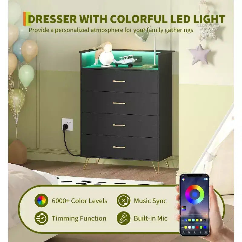 Cassettiera Smart a 4 Cassetti in Legno con Luci LED e Stazione di Ricarica | Armadio Contenitore Controllato da App con Prese USB/AC per Camera da Letto, Soggiorno
