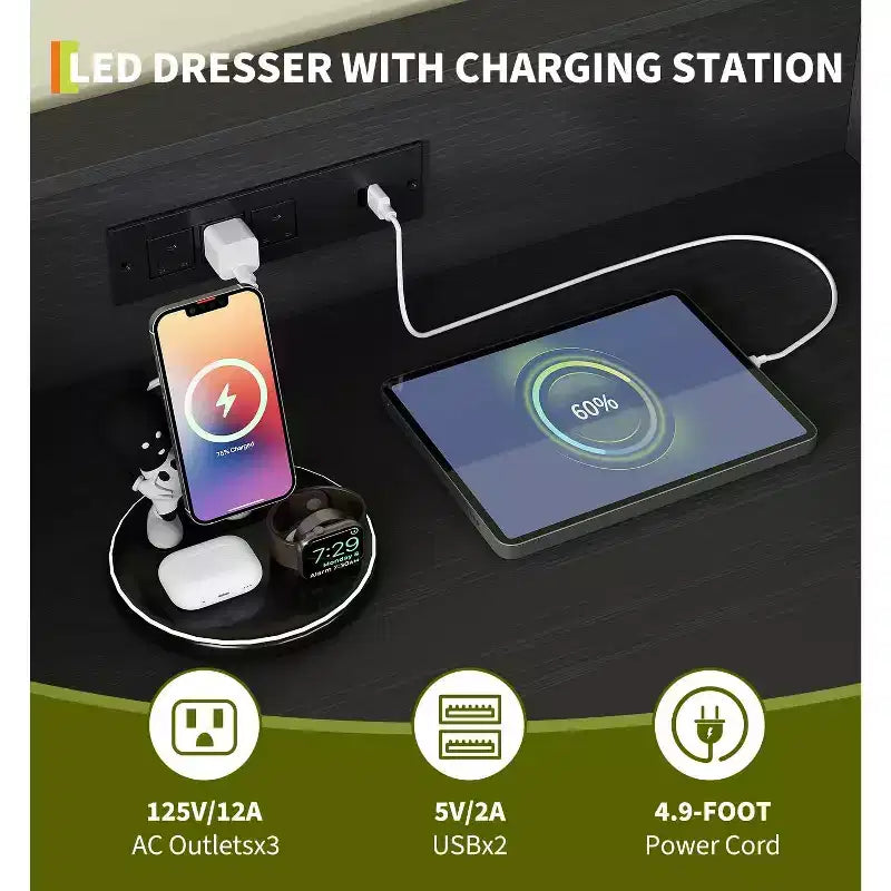 Cassettiera Smart a 4 Cassetti in Legno con Luci LED e Stazione di Ricarica | Armadio Contenitore Controllato da App con Prese USB/AC per Camera da Letto, Soggiorno