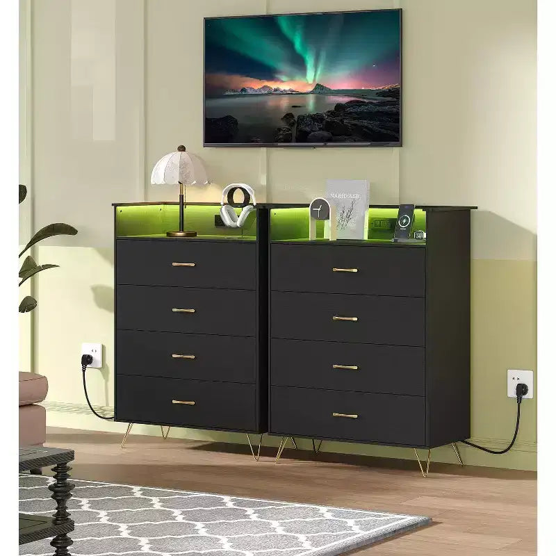 Cassettiera Smart a 4 Cassetti in Legno con Luci LED e Stazione di Ricarica | Armadio Contenitore Controllato da App con Prese USB/AC per Camera da Letto, Soggiorno