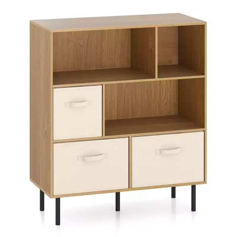 Libreria a 6 cubi con 3 cassetti pieghevoli in tessuto rimovibili e gambe in metallo per soggiorno, Naturale/Bianco