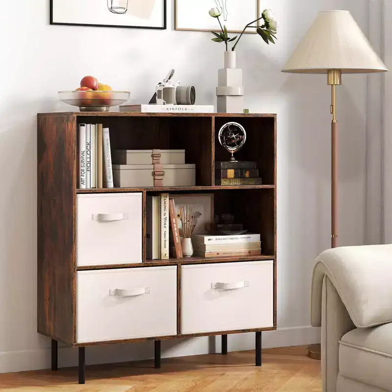 Libreria a 6 cubi con 3 cassetti pieghevoli in tessuto rimovibili e gambe in metallo per soggiorno, Naturale/Bianco