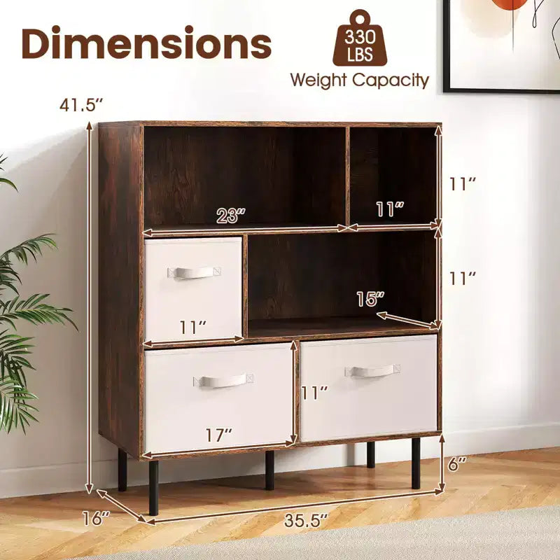 Libreria a 6 cubi con 3 cassetti pieghevoli in tessuto rimovibili e gambe in metallo per soggiorno, Naturale/Bianco