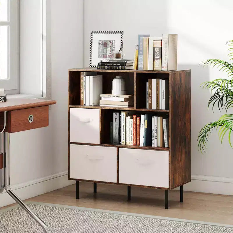 Libreria a 6 cubi con 3 cassetti pieghevoli in tessuto rimovibili e gambe in metallo per soggiorno, Naturale/Bianco