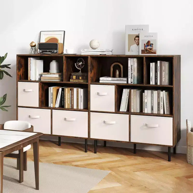 Libreria a 6 cubi con 3 cassetti pieghevoli in tessuto rimovibili e gambe in metallo per soggiorno, Naturale/Bianco