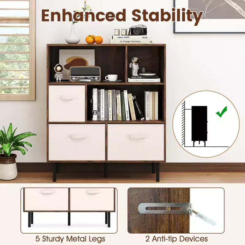 Libreria a 6 cubi con 3 cassetti pieghevoli in tessuto rimovibili e gambe in metallo per soggiorno, Naturale/Bianco