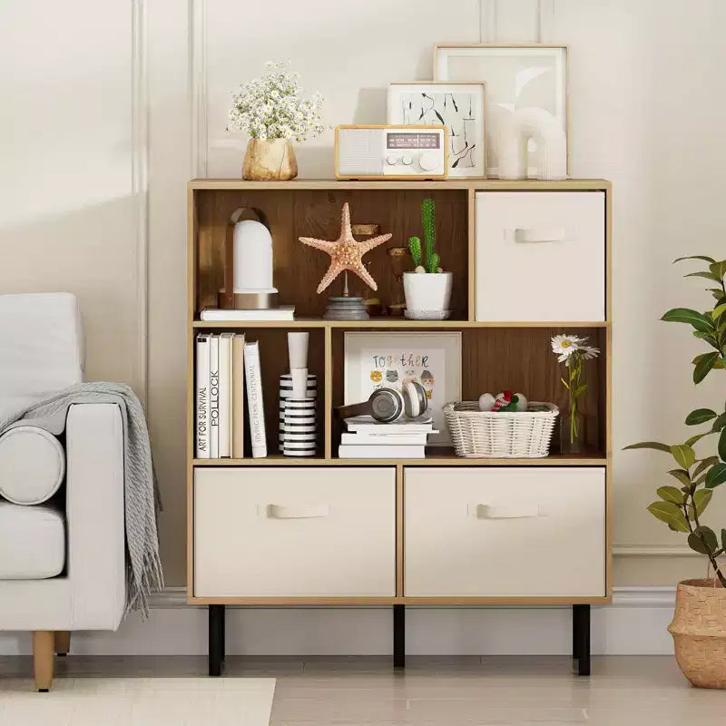 Libreria a 6 cubi con 3 cassetti pieghevoli in tessuto rimovibili e gambe in metallo per soggiorno, Naturale/Bianco